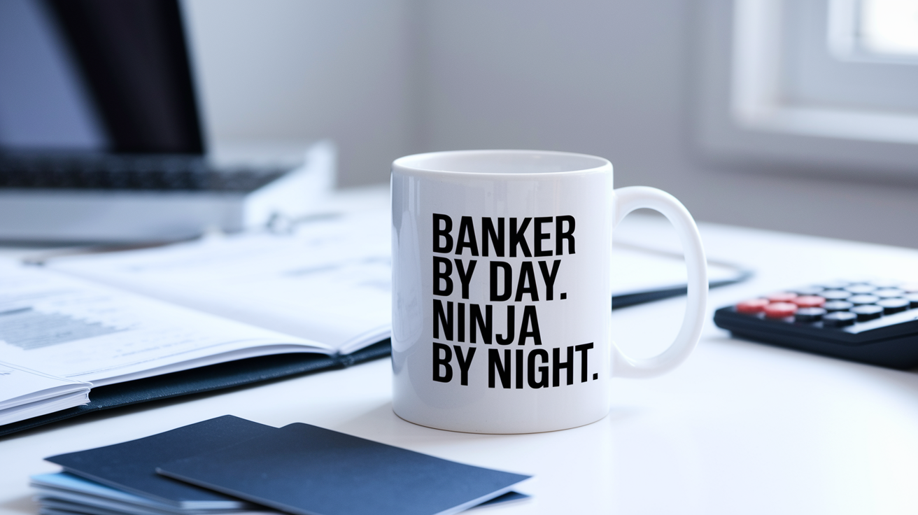 Banker by Day Ninja by Night quote on coffee mug mockup for Amazon POD