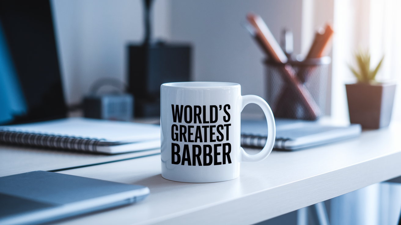 World's Greatest Barber quote on coffee mug mockup for Amazon POD