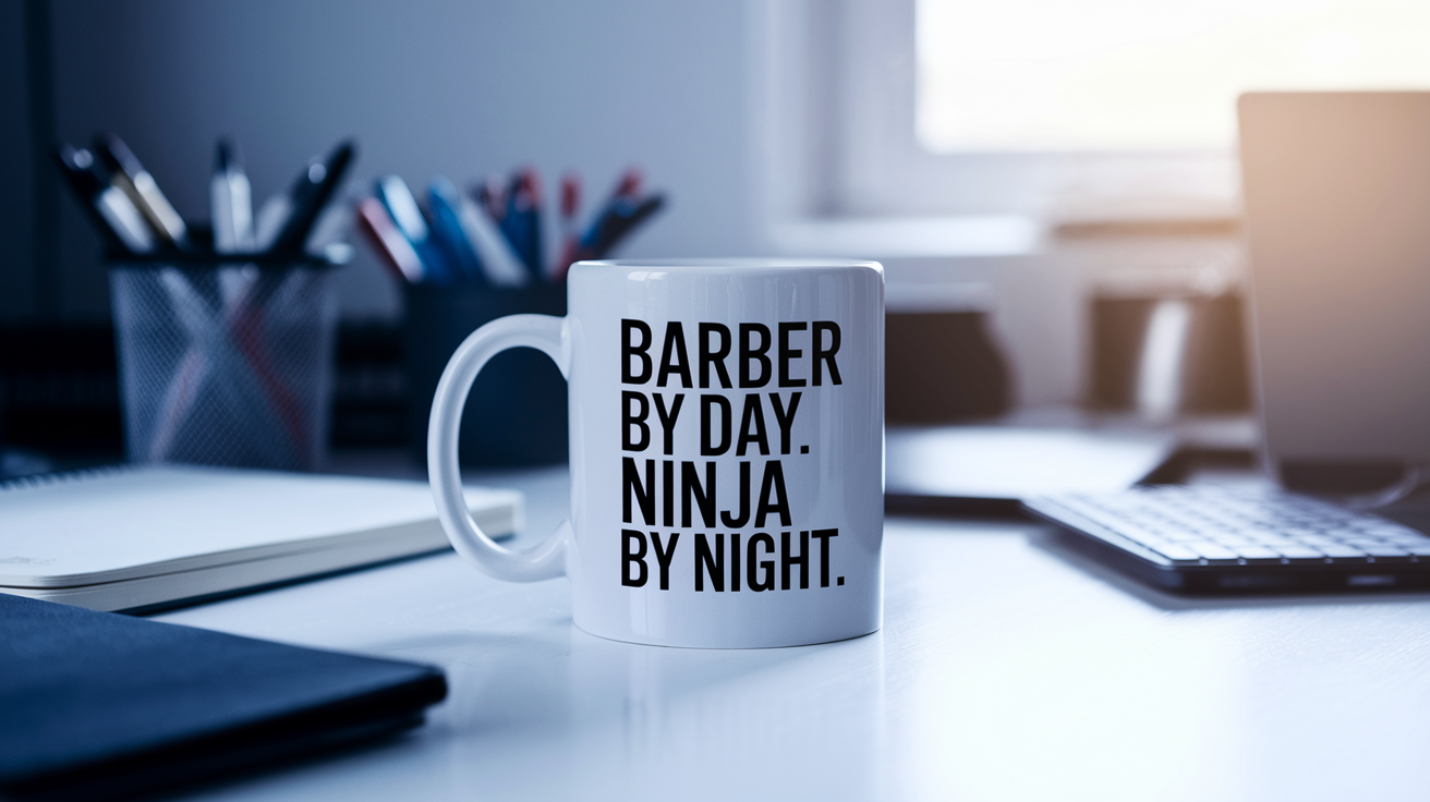 Barber by Day Ninja by Night quote on coffee mug mockup for Amazon POD