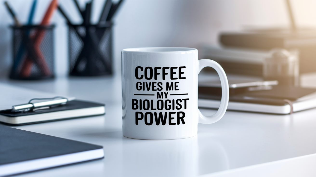 Coffee Gives Me My Biologist Power quote on coffee mug mockup for Amazon POD