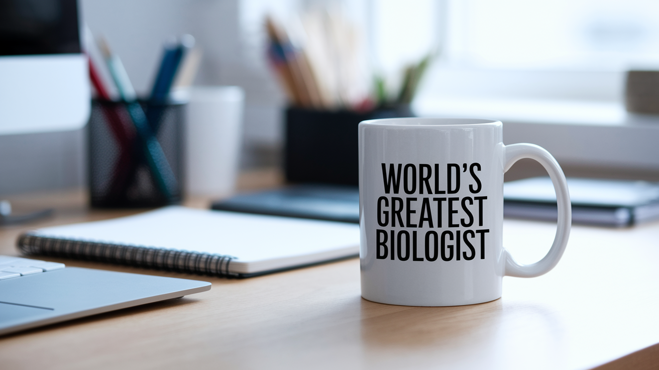 World's Greatest Biologist quote on coffee mug mockup for Amazon POD
