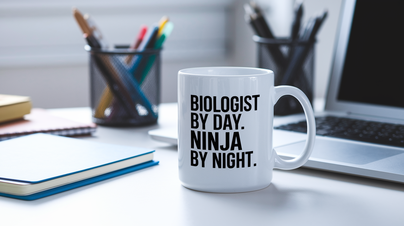 Biologist by Day Ninja by Night quote on coffee mug mockup for Amazon POD