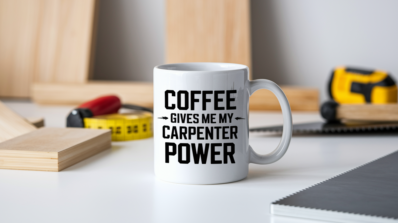 Coffee Gives Me My Carpenter Power quote on coffee mug mockup for Amazon POD