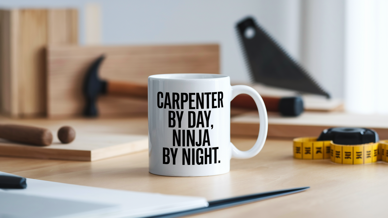 Carpenter by Day Ninja by Night quote on coffee mug mockup for Amazon POD