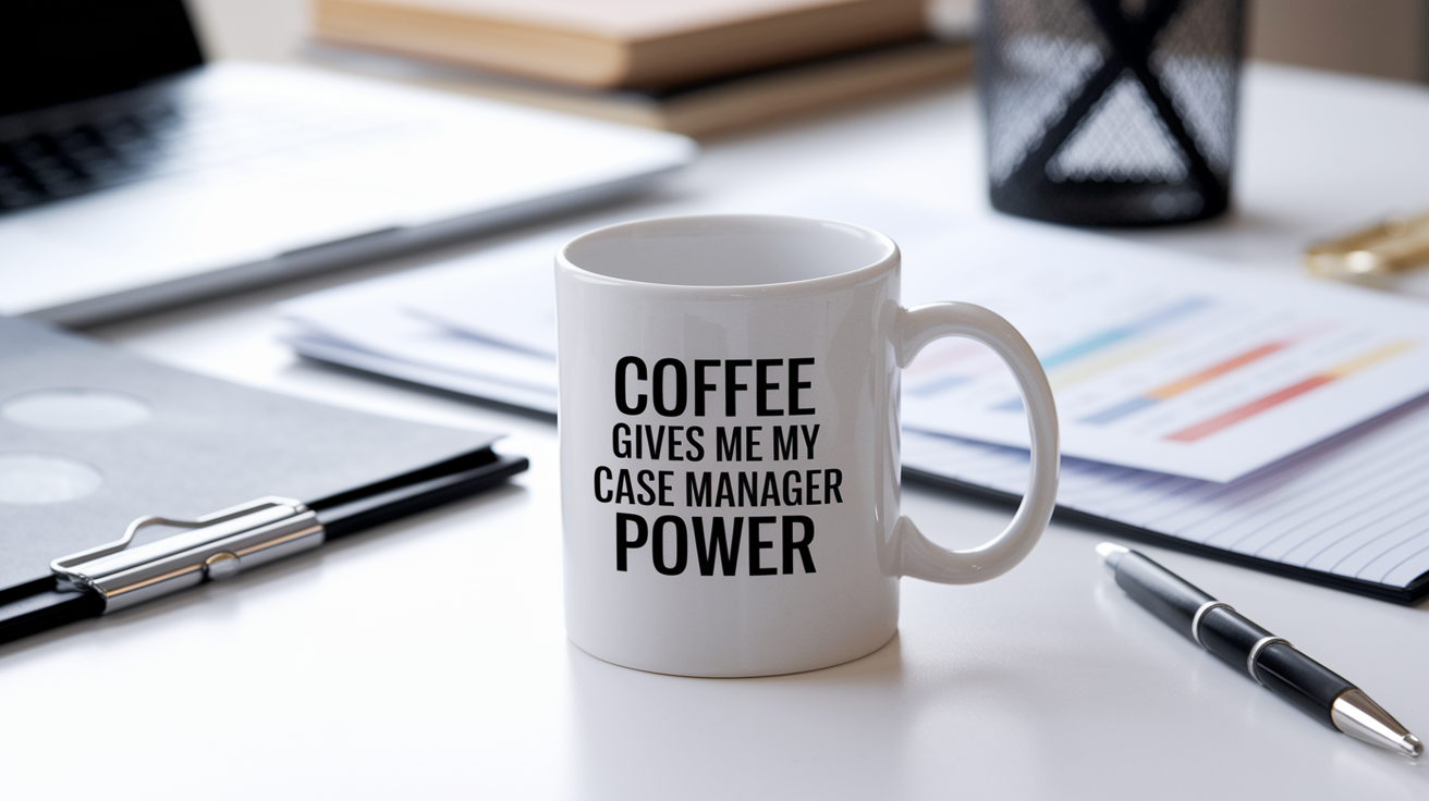 Coffee Gives Me My Case Manager Power quote on coffee mug mockup for Amazon POD