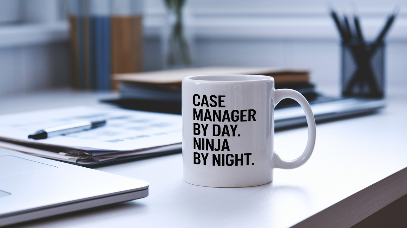 Case Manager by Day Ninja by Night quote on coffee mug mockup for Amazon POD