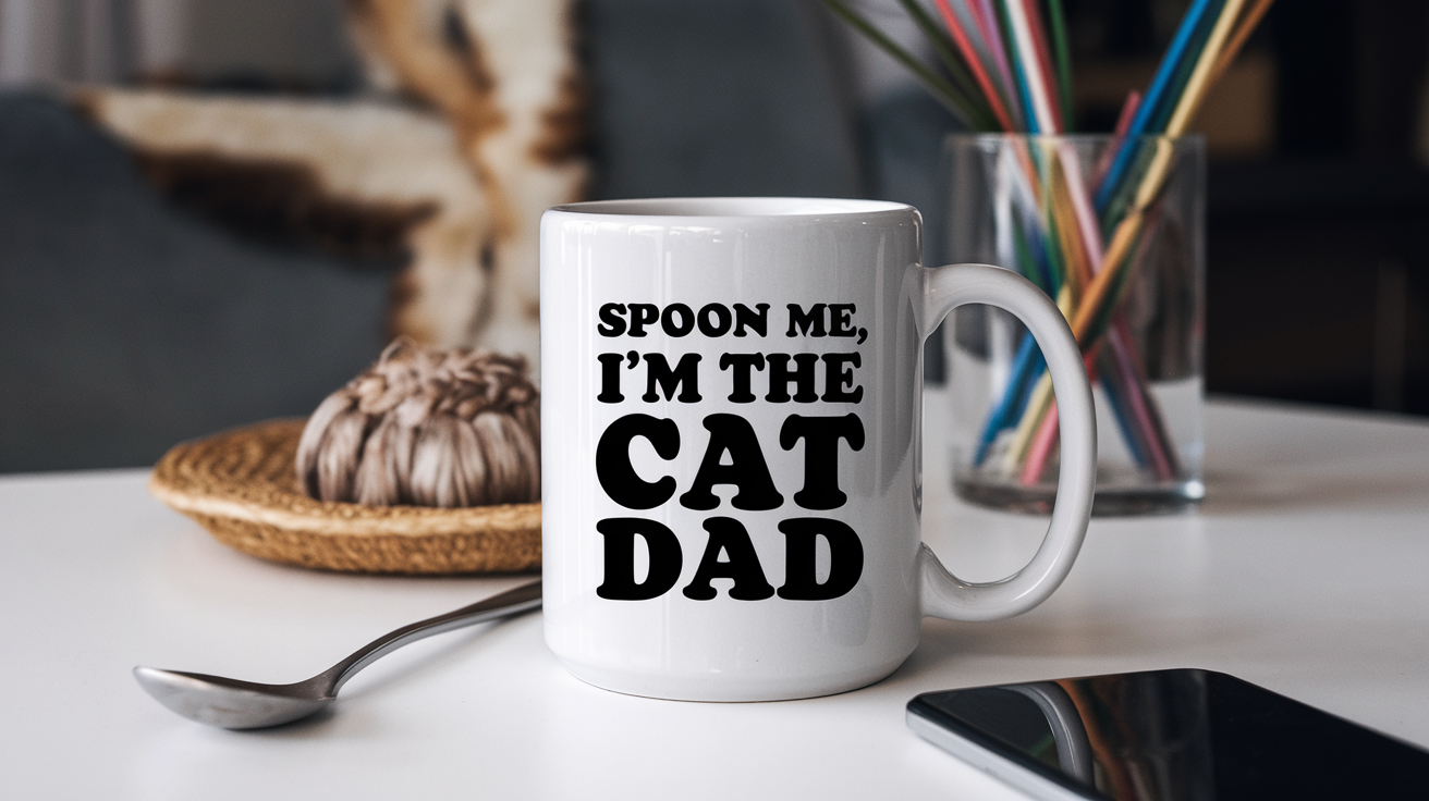 Cat Dad by Day Ninja by Night quote on coffee mug mockup for Amazon POD