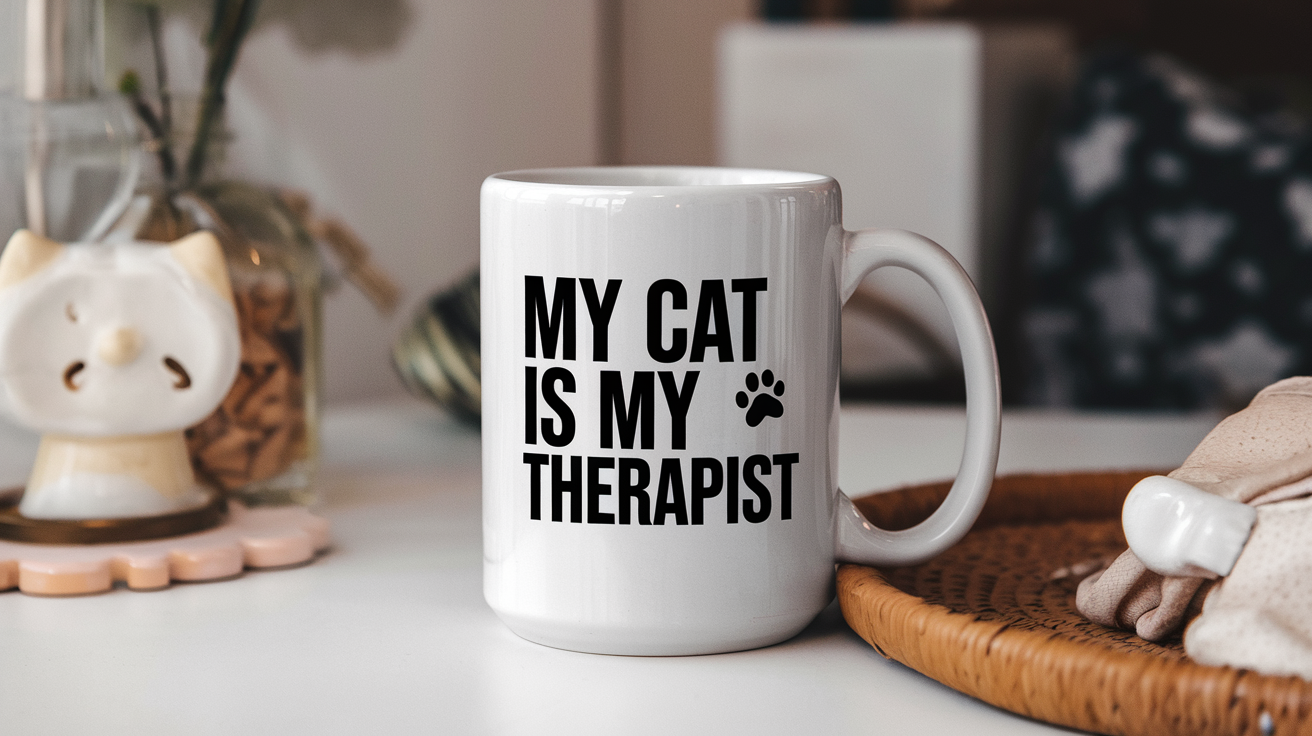 Coffee Gives Me My Cat Mom Power quote on coffee mug mockup for Amazon POD