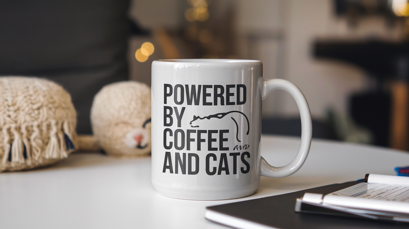 Cat Mom by Day Ninja by Night quote on coffee mug mockup for Amazon POD