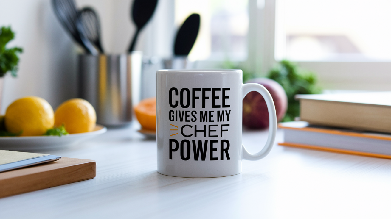 Coffee Gives Me My Chef Power quote on coffee mug mockup for Amazon POD