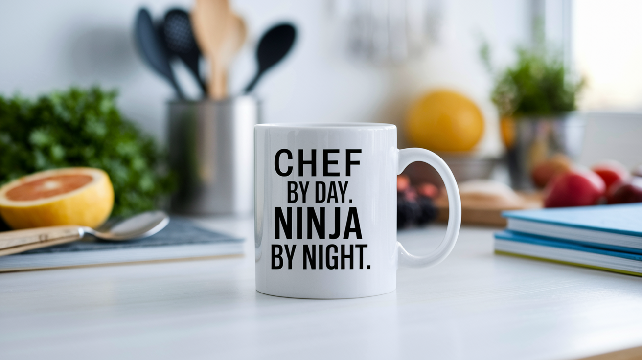 Chef by Day Ninja by Night quote on coffee mug mockup for Amazon POD