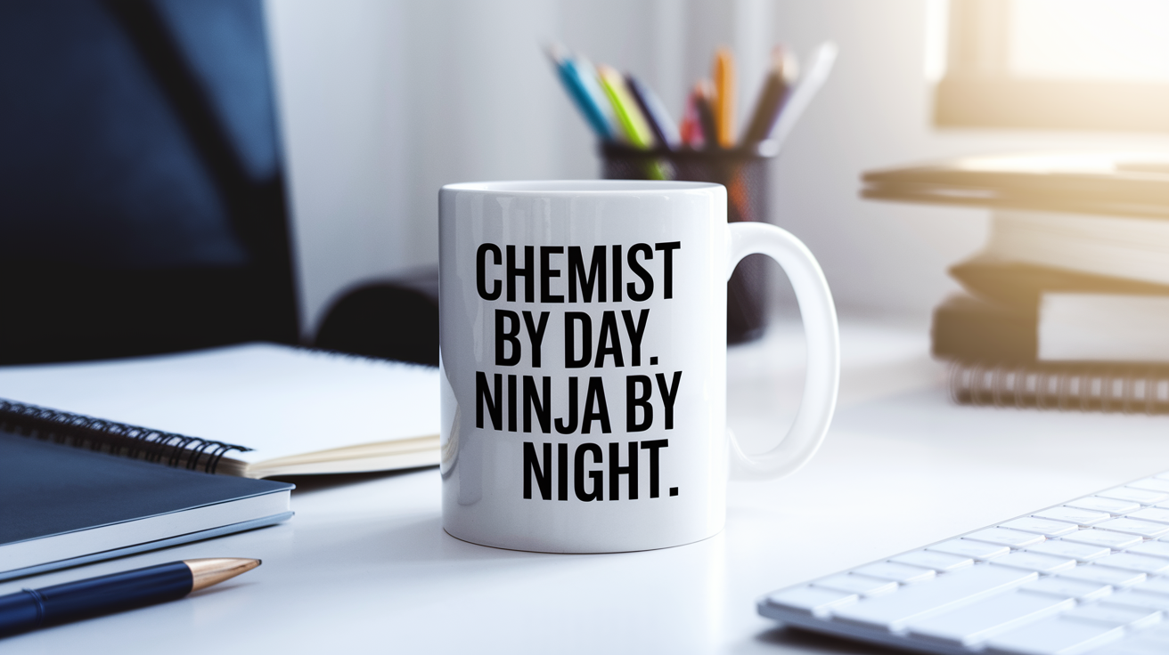 Chemist by Day Ninja by Night quote on coffee mug mockup for Amazon POD
