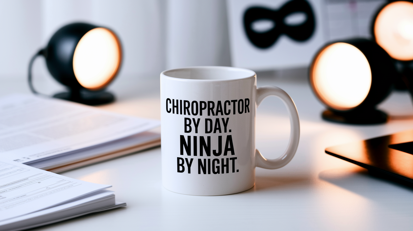 Chiropractor by Day Ninja by Night quote on coffee mug mockup for Amazon POD