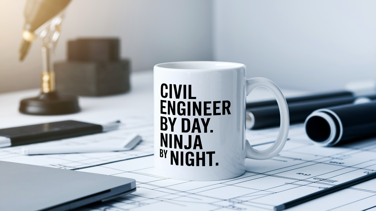 Civil Engineer by Day Ninja by Night quote on coffee mug mockup for Amazon POD