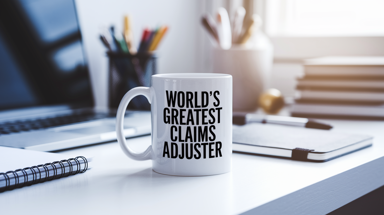 World's Greatest Claims Adjuster quote on coffee mug mockup for Amazon POD