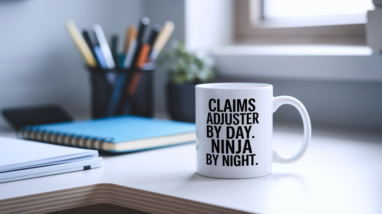 Claims Adjuster by Day Ninja by Night quote on coffee mug mockup for Amazon POD