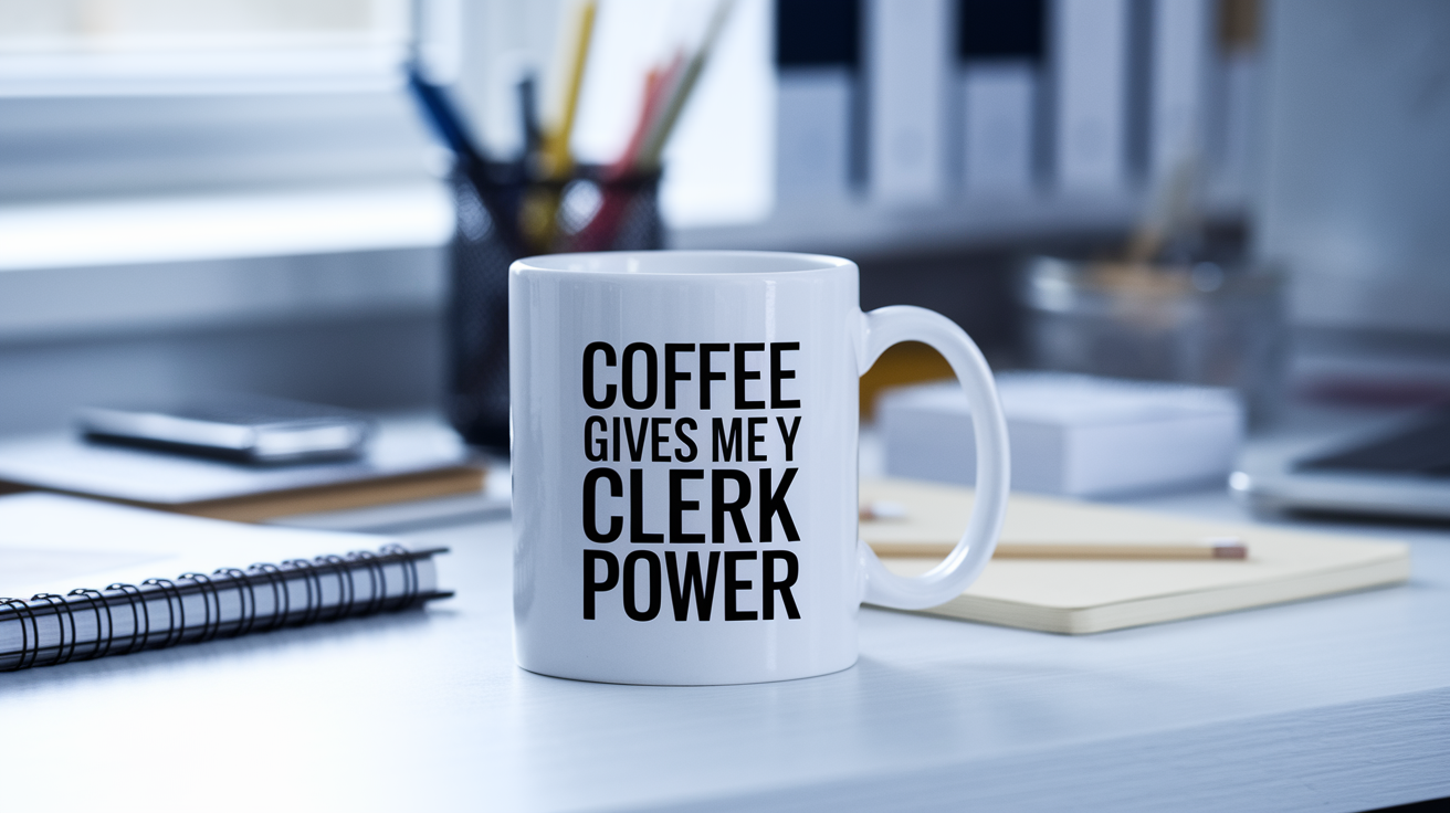 Coffee Gives Me My Clerk Power quote on coffee mug mockup for Amazon POD