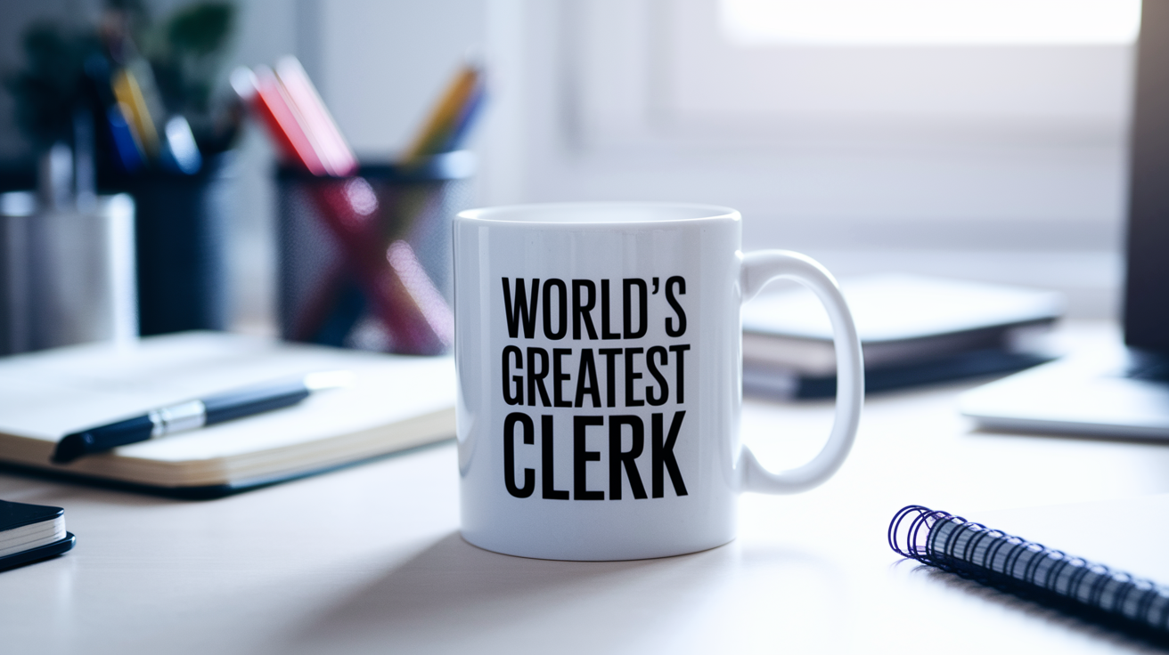 World's Greatest Clerk quote on coffee mug mockup for Amazon POD