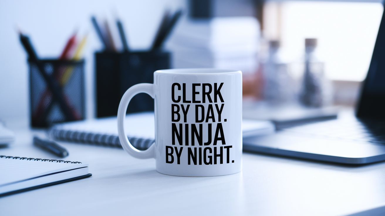 Clerk by Day Ninja by Night quote on coffee mug mockup for Amazon POD