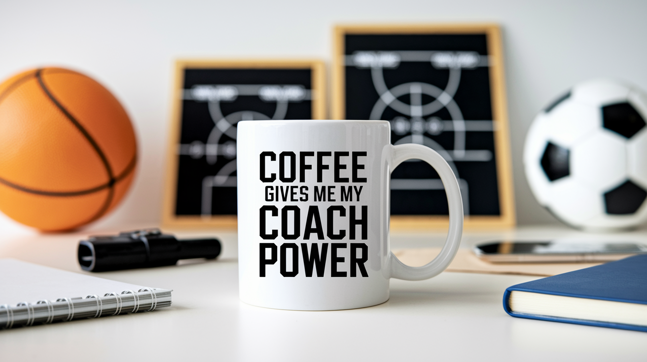 Coffee Gives Me My Coach Power quote on coffee mug mockup for Amazon POD