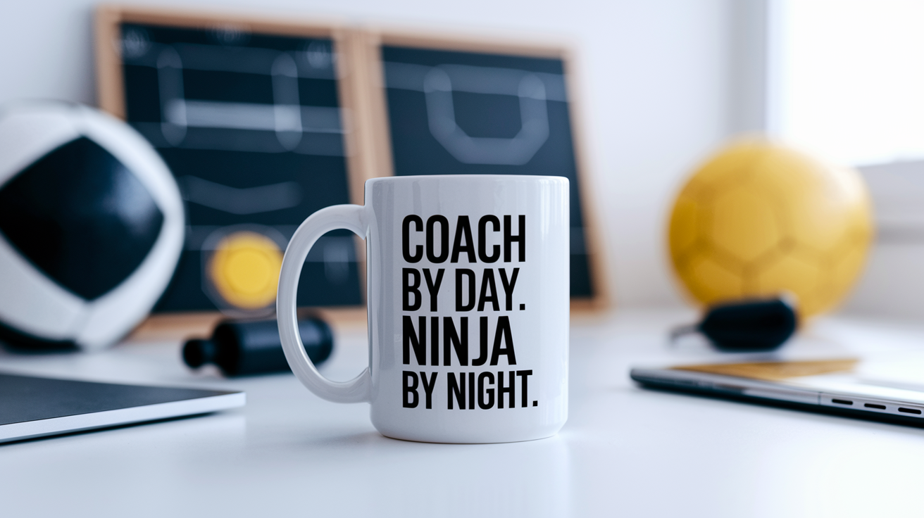 Coach by Day Ninja by Night quote on coffee mug mockup for Amazon POD