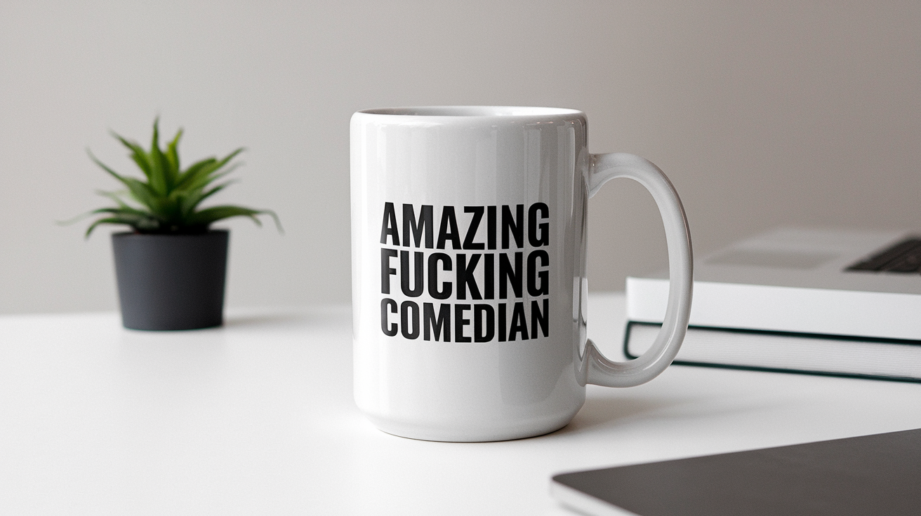 Coffee Gives Me My Comedian Power quote on coffee mug mockup for Amazon POD