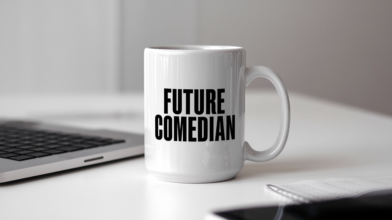 World's Greatest Comedian quote on coffee mug mockup for Amazon POD
