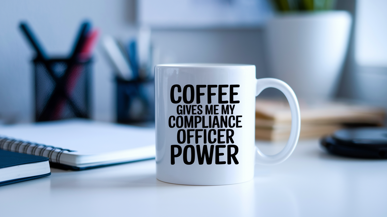 Coffee Gives Me My Compliance Officer Power quote on coffee mug mockup for Amazon POD