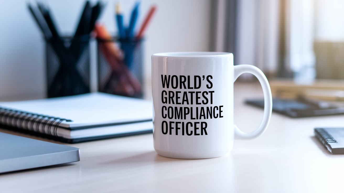 World's Greatest Compliance Officer quote on coffee mug mockup for Amazon POD