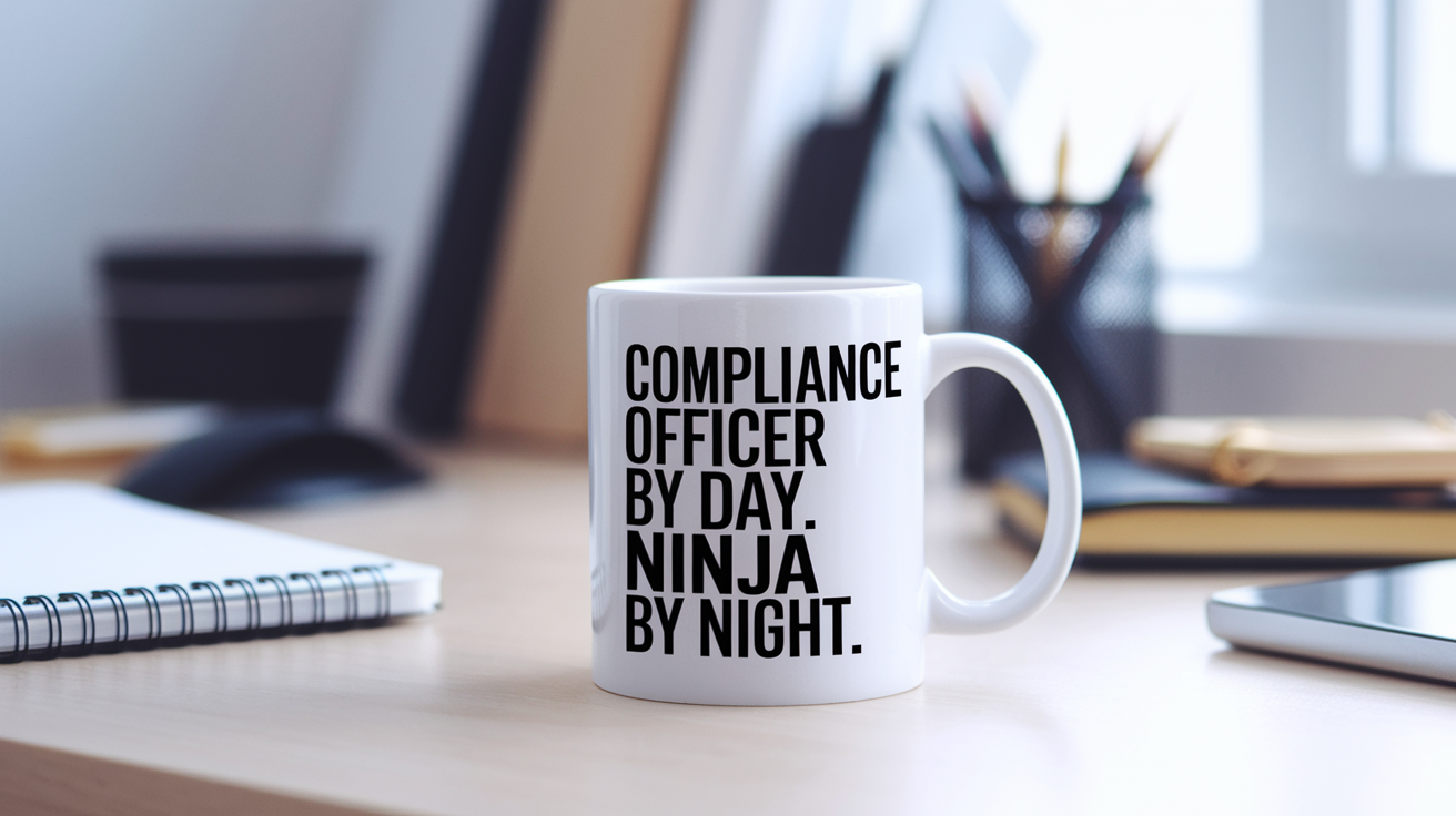 Compliance Officer by Day Ninja by Night quote on coffee mug mockup for Amazon POD