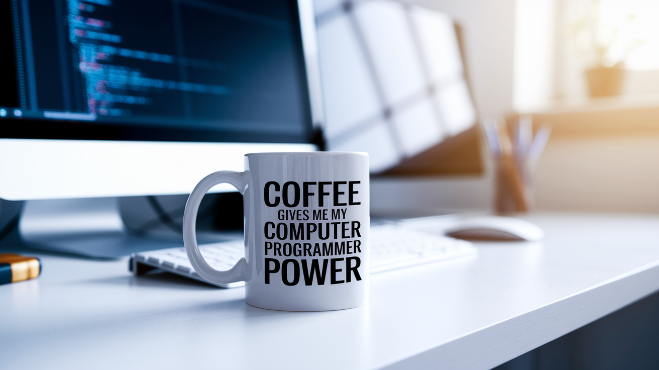 Coffee Gives Me My Computer Programmer Power quote on coffee mug mockup for Amazon POD