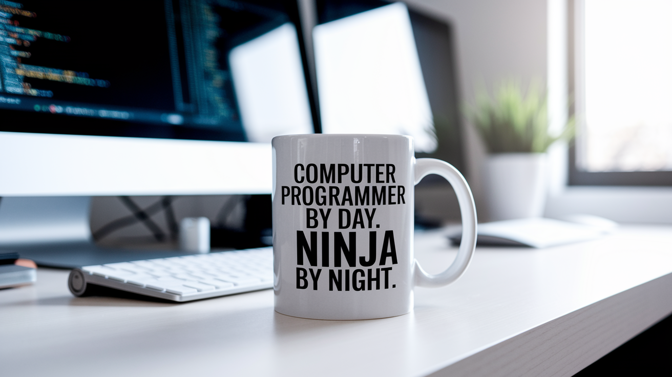 Computer Programmer by Day Ninja by Night quote on coffee mug mockup for Amazon POD