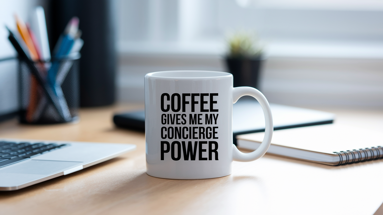 Funny Concierge quote on travel mug mockup for Amazon POD