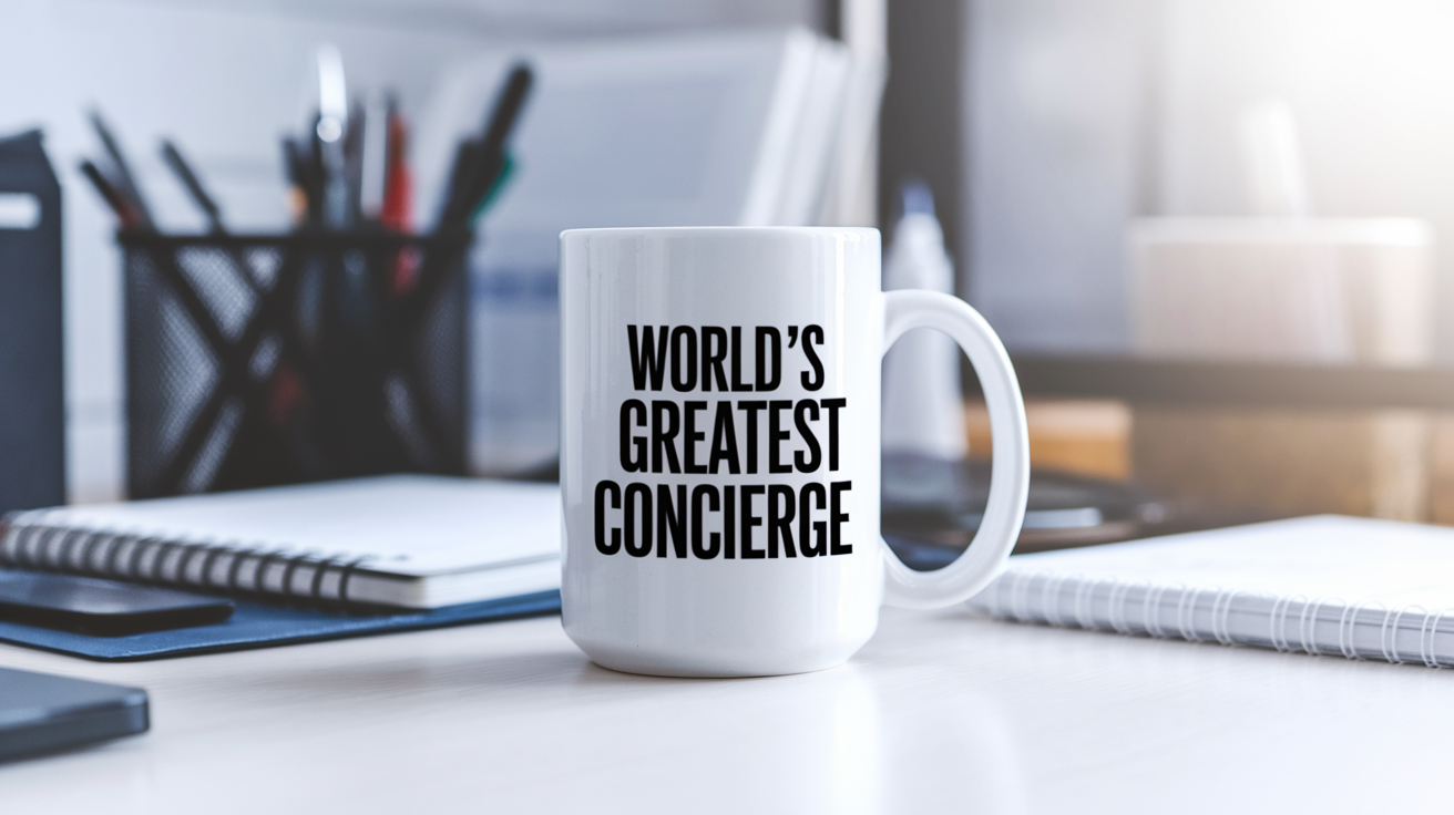 World's Greatest Concierge quote on coffee mug mockup for Amazon POD