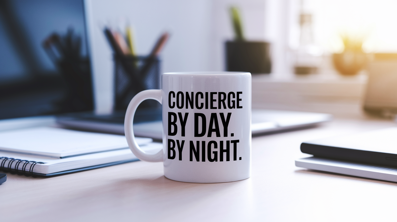 Concierge by Day Ninja by Night quote on coffee mug mockup for Amazon POD