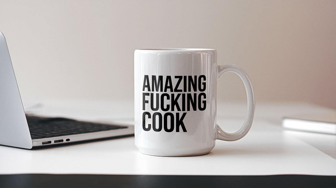 Cook by Day Ninja by Night quote on coffee mug mockup for Amazon POD