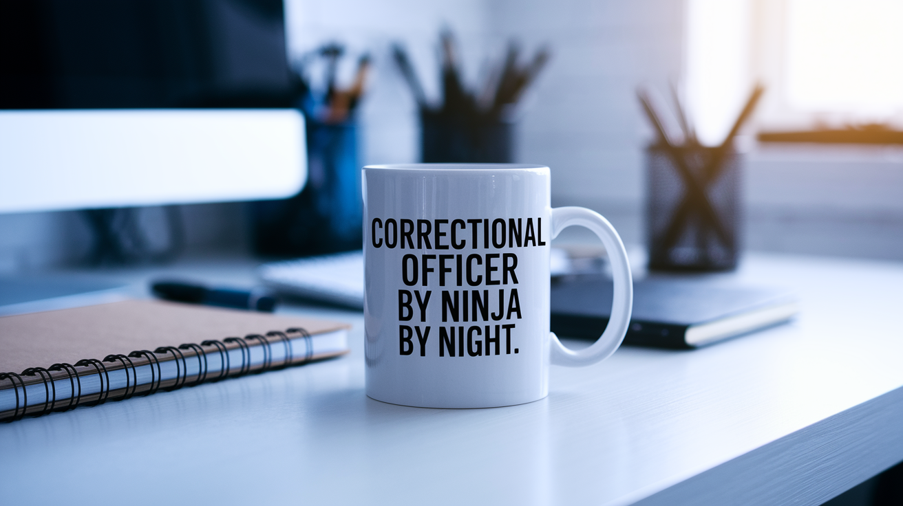 Correctional Officer by Day Ninja by Night quote on coffee mug mockup for Amazon POD