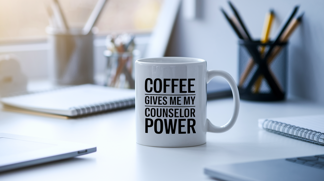 Coffee Gives Me My Counselor Power quote on coffee mug mockup for Amazon POD
