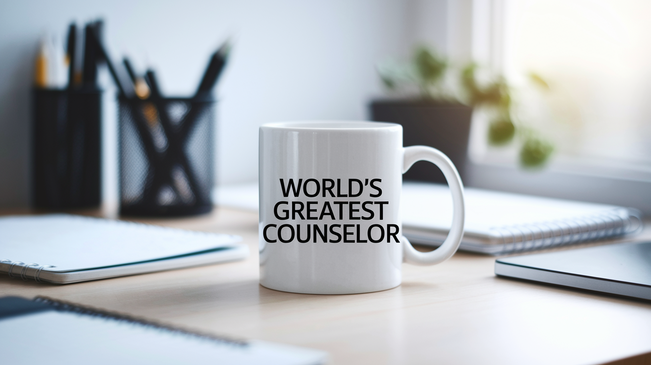 World's Greatest Counselor quote on coffee mug mockup for Amazon POD