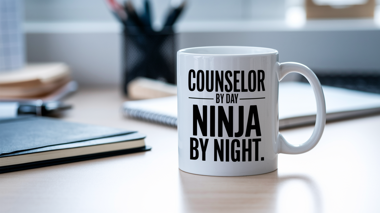 Counselor by Day Ninja by Night quote on coffee mug mockup for Amazon POD