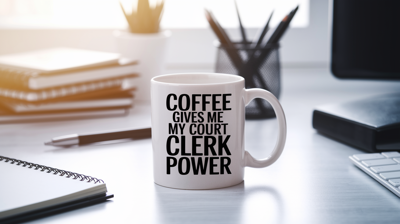 Coffee Gives Me My Court Clerk Power quote on coffee mug mockup for Amazon POD
