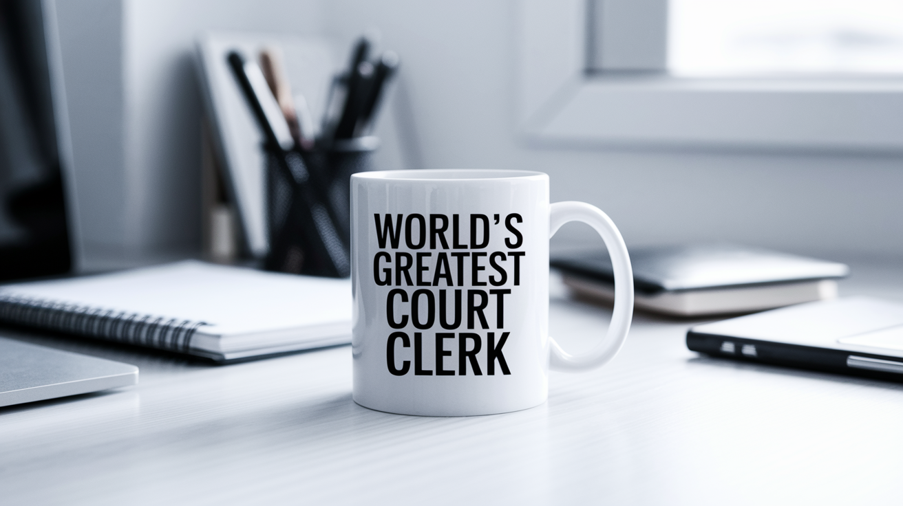 World's Greatest Court Clerk quote on coffee mug mockup for Amazon POD