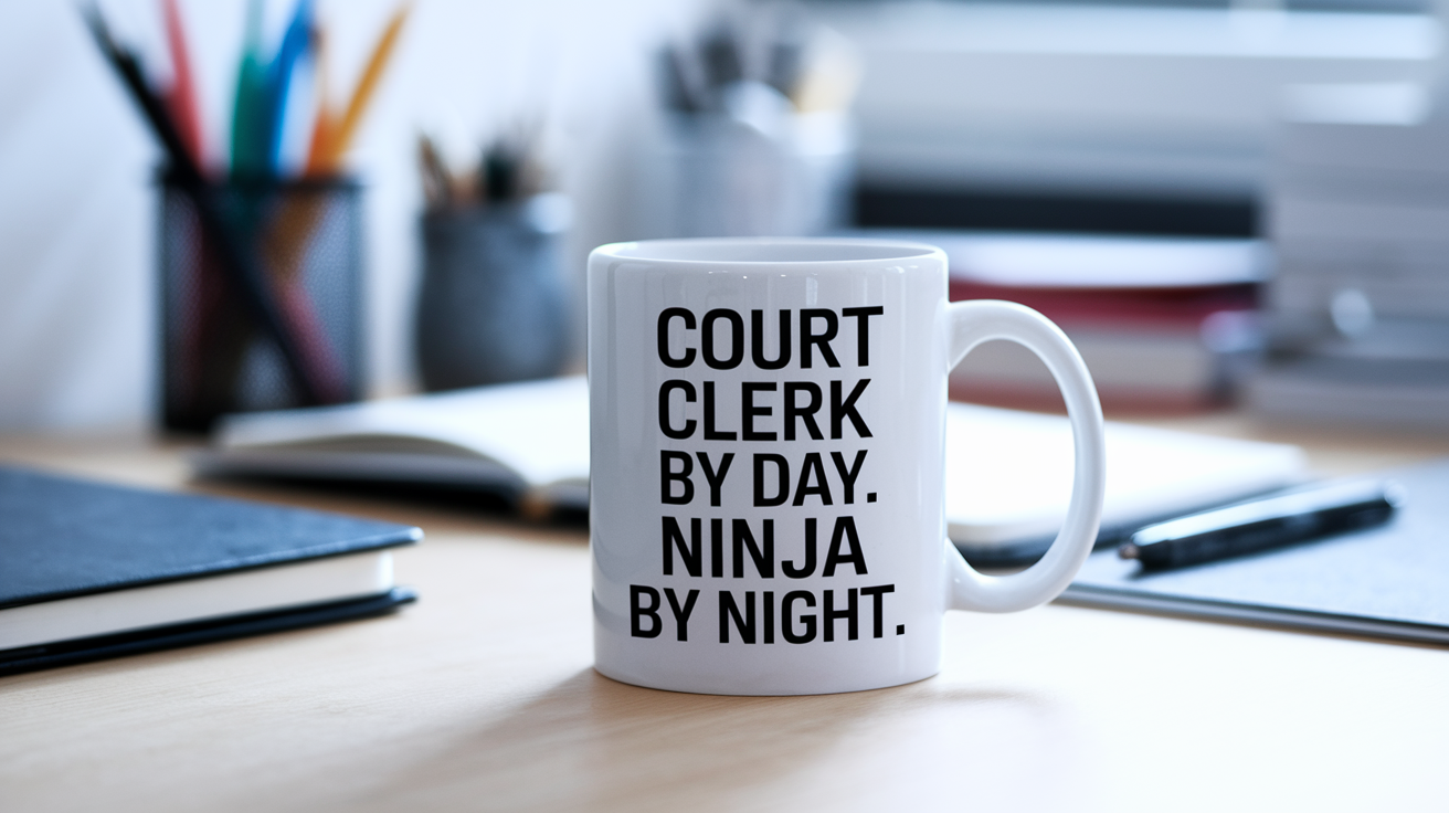 Court Clerk by Day Ninja by Night quote on coffee mug mockup for Amazon POD