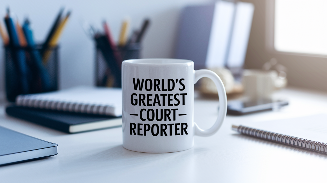 World's Greatest Court Reporter quote on coffee mug mockup for Amazon POD