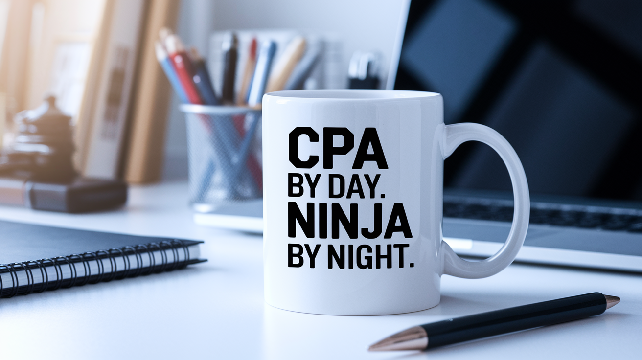 Cpa by Day Ninja by Night quote on coffee mug mockup for Amazon POD