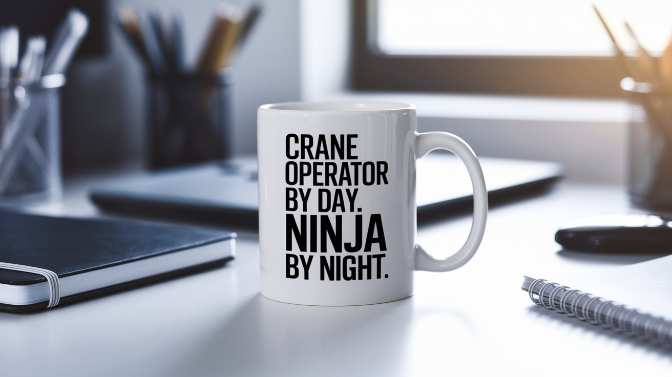 Crane Operator by Day Ninja by Night quote on coffee mug mockup for Amazon POD