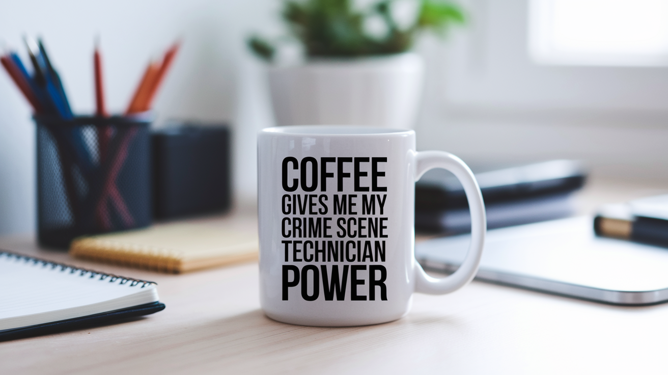 Funny Crime Scene Technician quote on travel mug mockup for Amazon POD