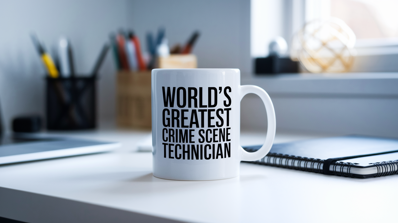 World's Greatest Crime Scene Technician quote on coffee mug mockup for Amazon POD