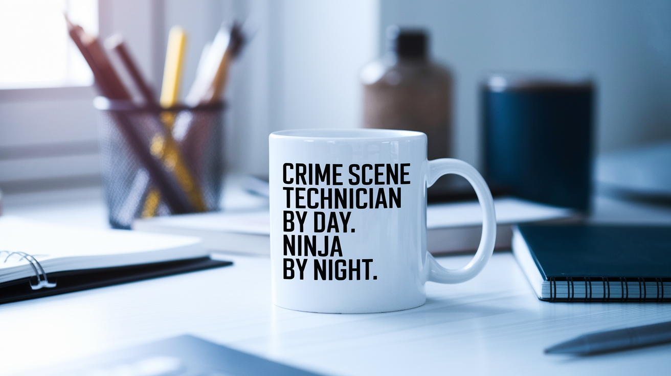 Crime Scene Technician by Day Ninja by Night quote on coffee mug mockup for Amazon POD