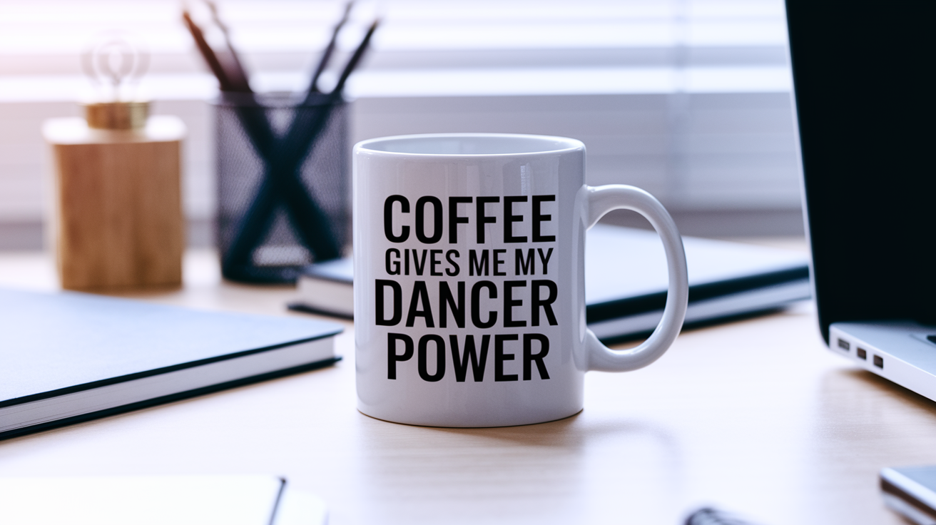 Coffee Gives Me My Dancer Power quote on coffee mug mockup for Amazon POD